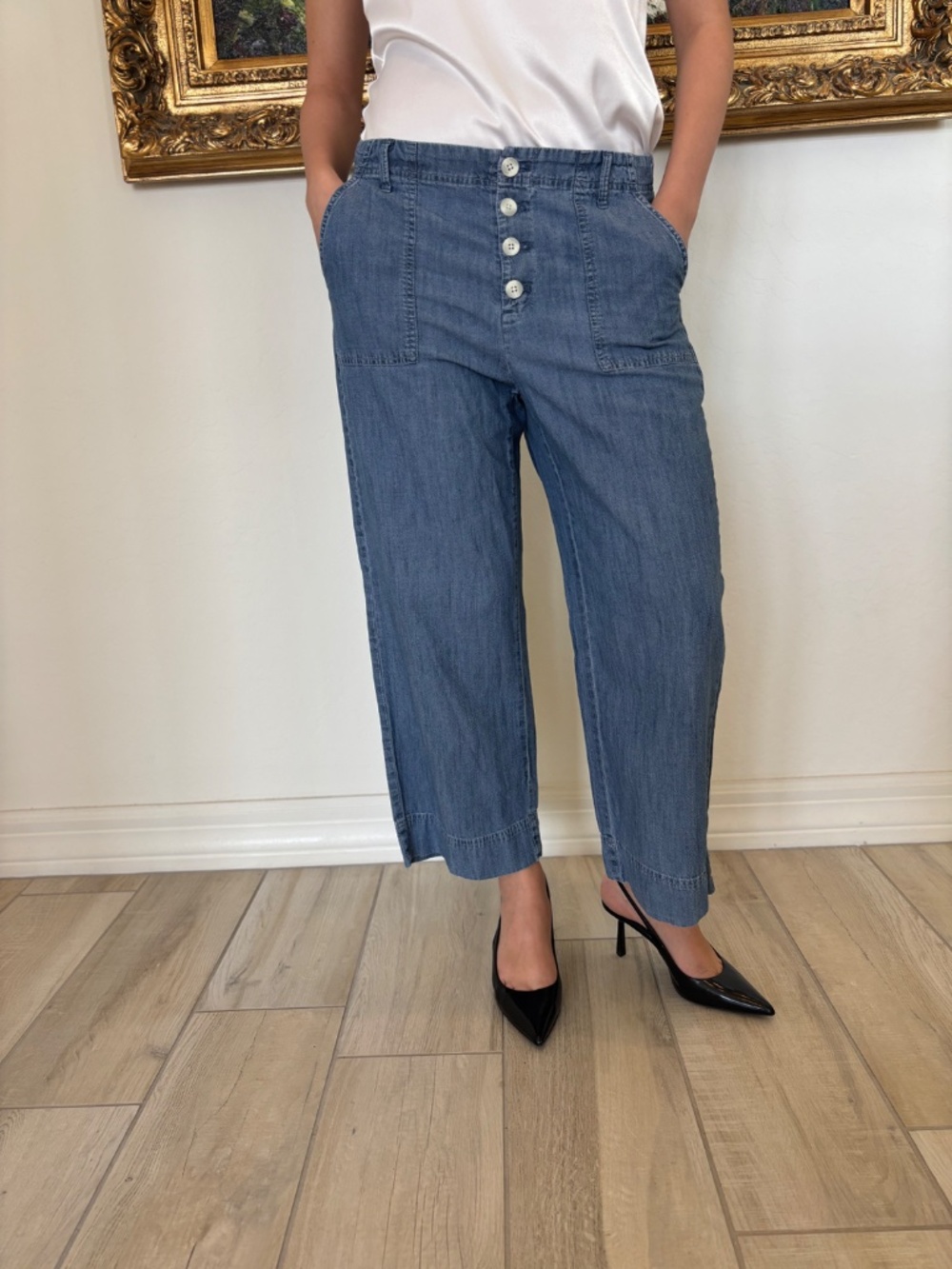 J. Jill Tencel Wide Leg Cropped Pants Blue Button Fly Patch Pockets , Medium